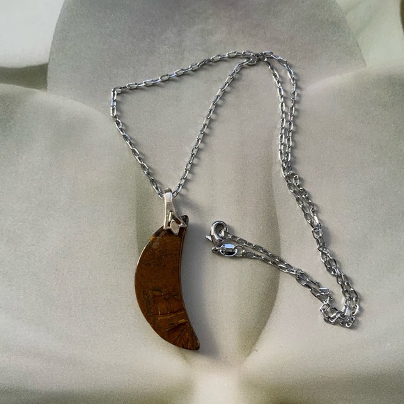 Handcrafted Natural Brown Tiger Eye Gemstone Half Moon on Silver Plated Chain - Picture 3 of 10